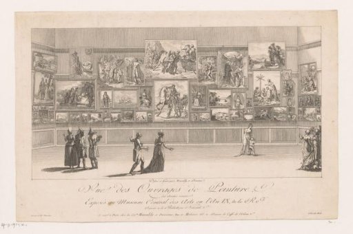 View of a picture gallery with eleven figures in the Musée du Louvre
