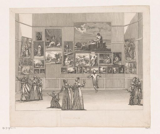 View of a picture gallery with eleven figures in the Musée du Louvre