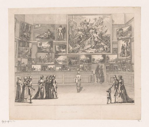 View of a picture gallery with fourteen figures in the Musée du Louvre