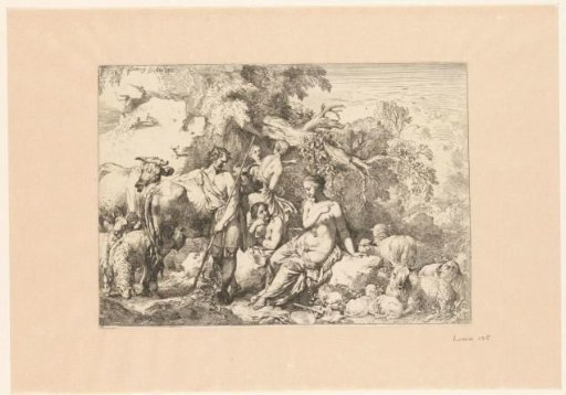 Shepherd with Flock and Four Muses