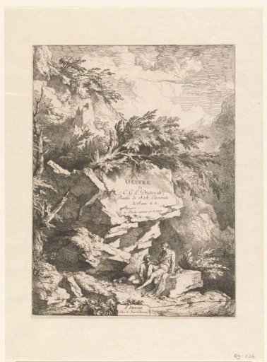 Rocky landscape with two figures resting on a stone
