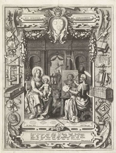 Coat of arms of the Guild of Saint Luke with Saint Luke painting Mary