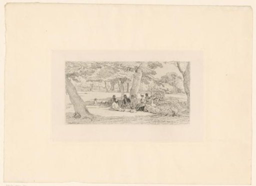 Landscape with resting men in the shade of a tree