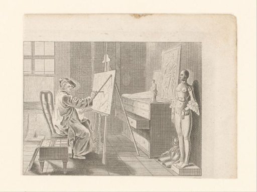 Painter in his studio with a doll