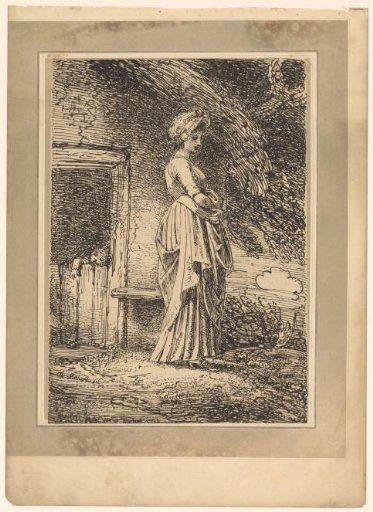 Woman in front of a house with a child at the door