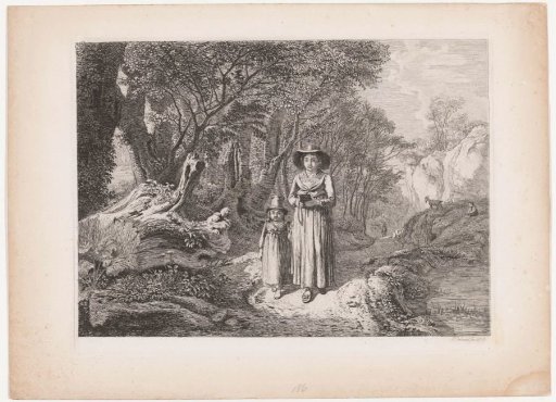 Forest landscape with churchgoers