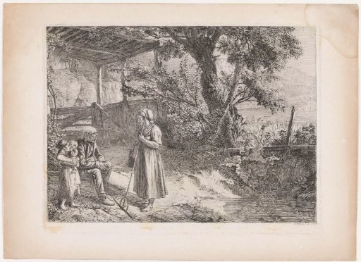 Forest landscape with a peasant woman and her family in front of a stable
