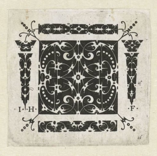 Square panel, six smaller motifs, and four ornaments