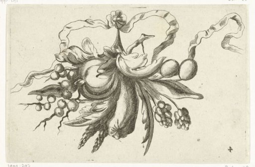 Still life of fruit with a branch of berries