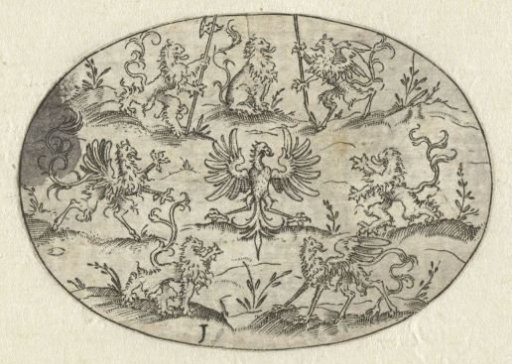 Oval with an eagle surrounded by lions and fantastical creatures