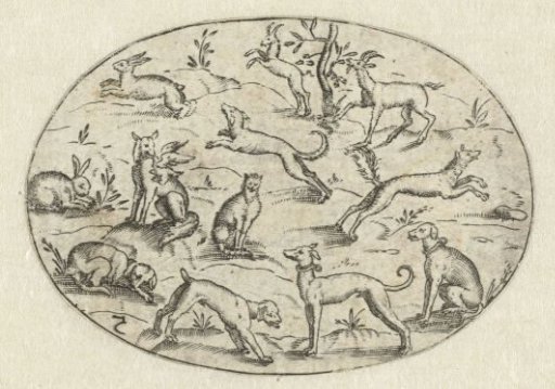 Oval with dogs, goats, and rabbits