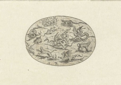 Oval with reptiles, felines, and fantastical creatures