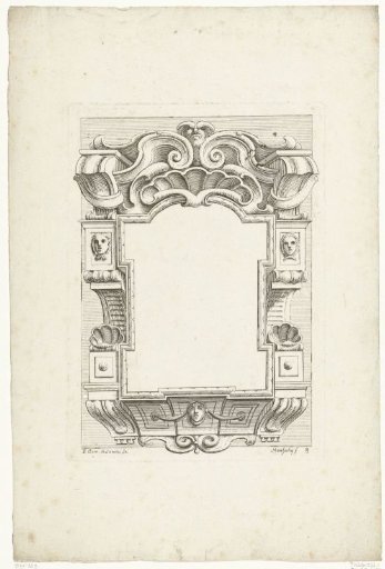 Cartouche or epitaph crowned with a shell and a mask