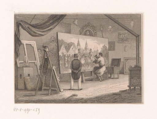 Painter and customer in a painter's studio