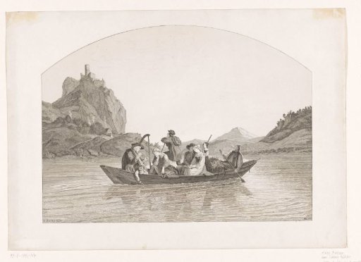 Company in a boat on the Elbe, in the background the ruin of Schreckenstein