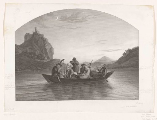 Company in a boat on the Elbe, in the background the ruin of Schreckenstein