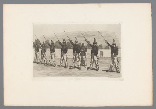 Platoon of soldiers with drawn swords