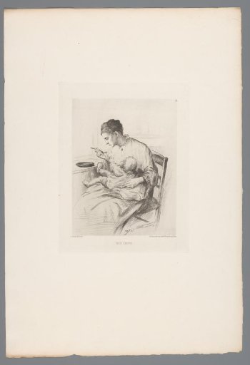 Mother blows on a spoon of porridge for her child