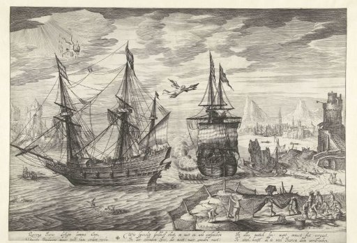 Harbour with ships, in the sky the fall of Icarus