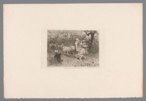 Two children with a flock of sheep