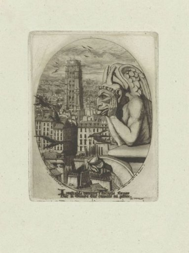 Statue of a vampire as a waterspout on the tower of Notre Dame and a view over Paris