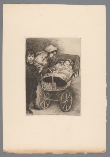 Woman and boy with child in a pram