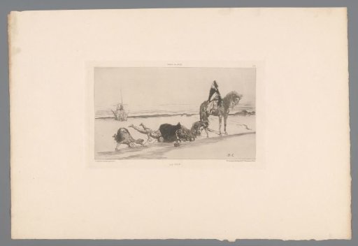 Drinking figures at a fountain in the desert