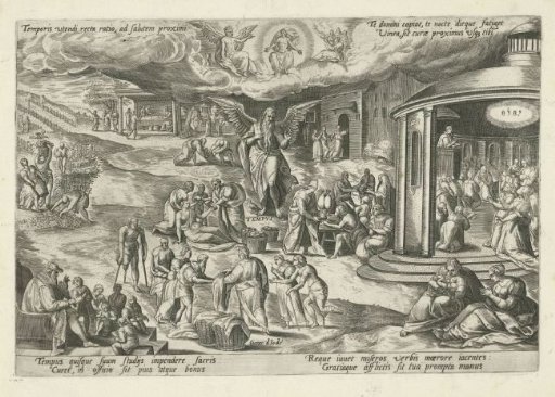 Father Time amidst scenes of works of mercy and Christian virtues
