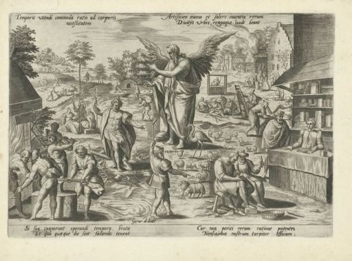 Father Time amidst scenes of professions and human activities