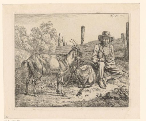 Two Goats and a Goatherd by a Fence