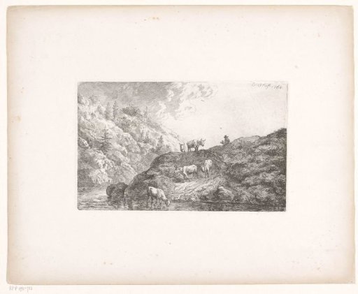 Mountain landscape with drinking oxen