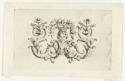 Two leafy tendrils with a mask and flower basket