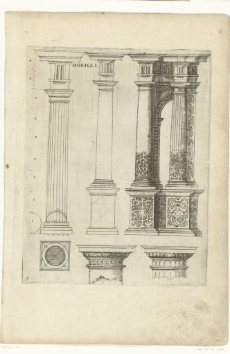 Four Doric columns with pedestals, a cross-section and two capitals