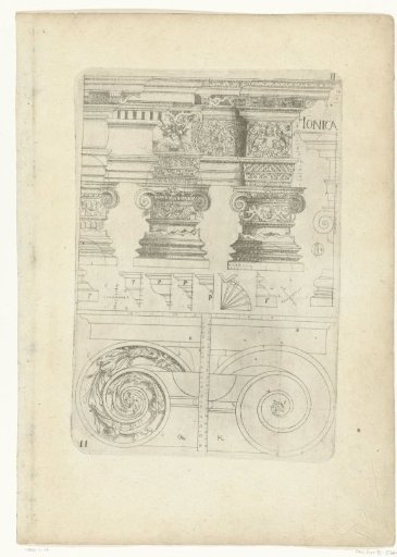 Three Ionic capitals, a section and various details