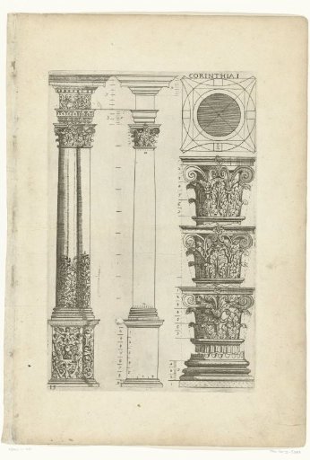 Two connected columns, Corinthian column, plan and elevation of the capitals and a pedestal