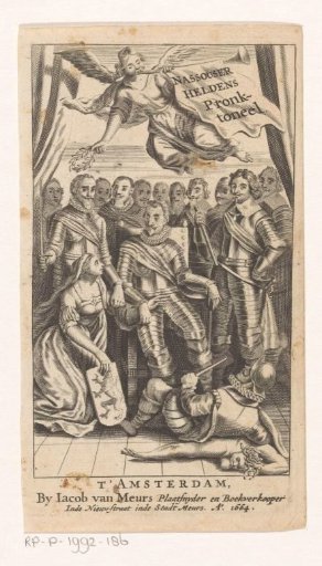 Allegorical representation with men in armor, Fame, and the Dutch Maiden