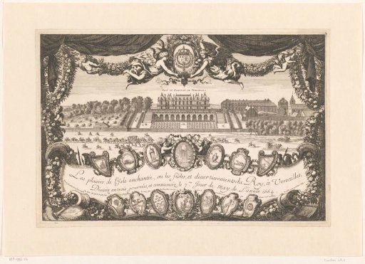 Title Print with a View of Versailles Castle with a Procession of Horsemen