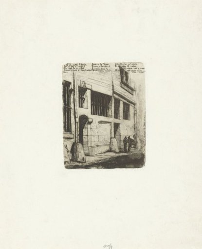 Rue des mauvais Garçons with two talking figures in front of an old brothel in Paris