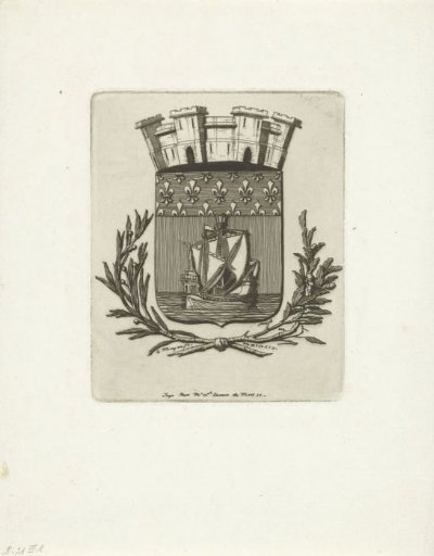 Shield with the coat of arms of Paris with city gates and French lilies and sailing ship