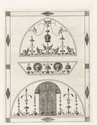 Architectural fantasy, at the bottom stands Amor between four oil lamps