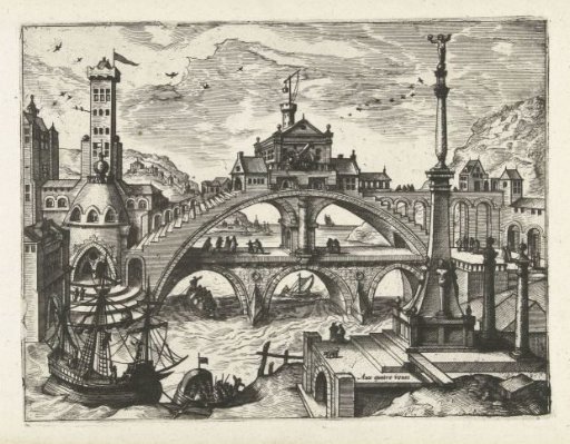Town with a bridge lined with houses