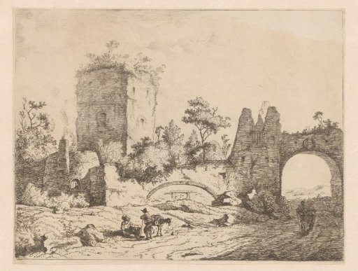 Landscape with a tower ruin and a gate