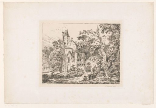 Monastery in a forest, with a reading monk in the foreground