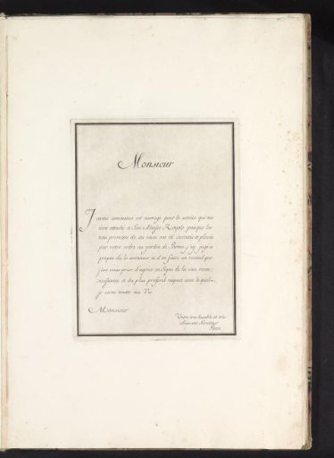 Dedication page for Suite des Vases with mention of the patron and manufacturer