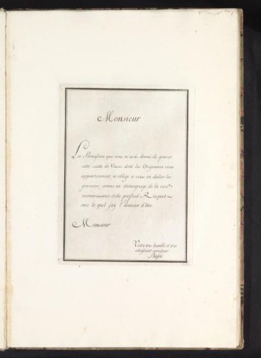 Dedication page for Suite des Vases with mention of the patron and manufacturer