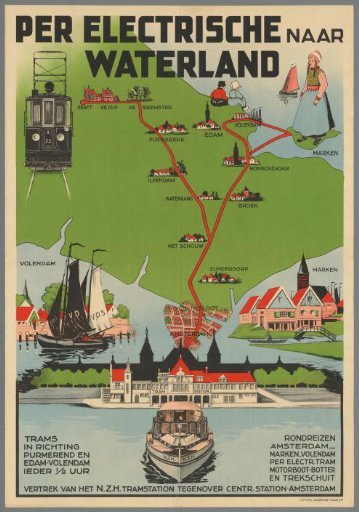 By electric tram to Waterland. Tram to Purmerend, Edam-Volendam every half hour. Tours Amsterdam - Marken - Volendam by electric tram, motorboat, barge and towboat. Departure from the N.Z.H. tram station over the Central Station Amsterdam