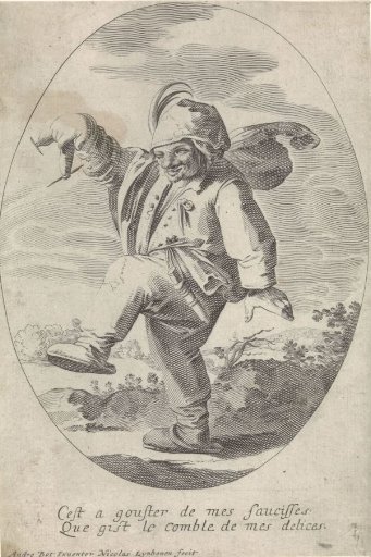 Dancing peasant with a sausage