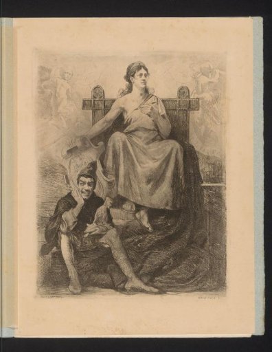 Woman in Classical Attire Sitting on a Throne Behind a Jester