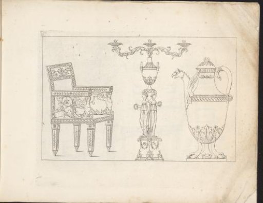 Chair, candelabrum, and jug