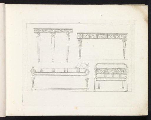 Two tables, a bed and a bench